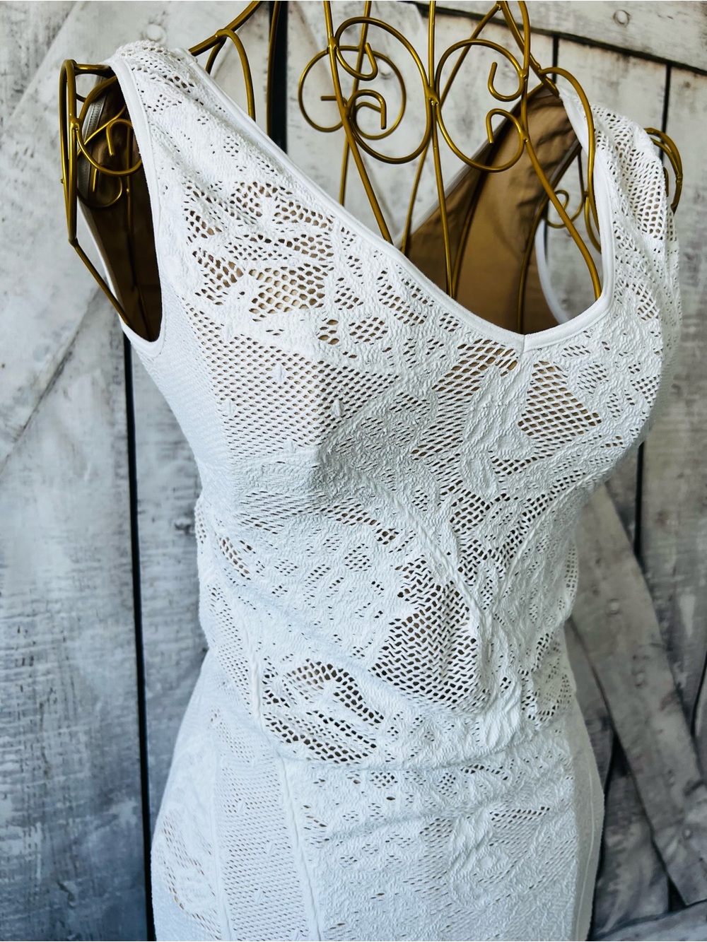 bebe White Crochet Maxi Dress